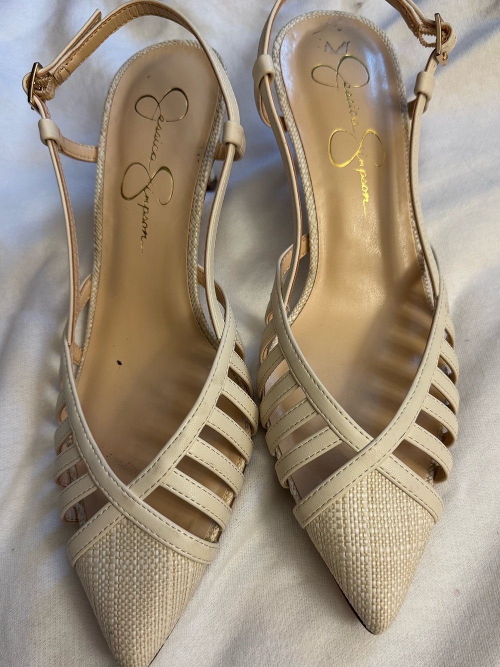 Jessica Simpson Cream Pointed-Toe Strappy Slingback Heels